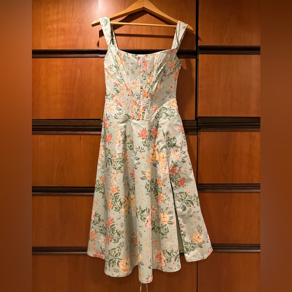 Green “Saira” Corset Dress HOUSE OF CB Light Jade Print Midi Sundress